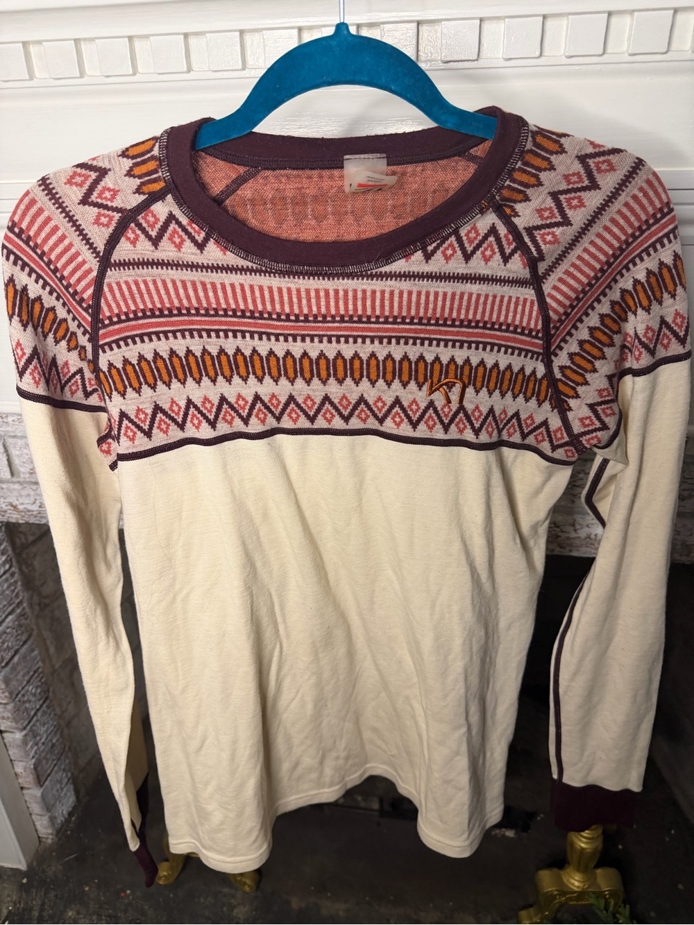 Kari Traa 100% Wool Cream and Burgundy Base Layer Patterned Sweater fall Winter